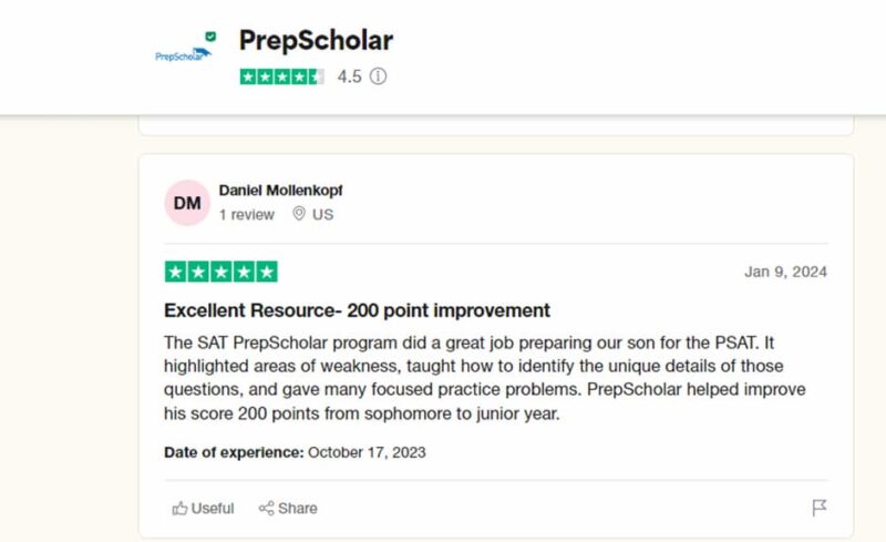 Prepscholar PSAT trustpilot review