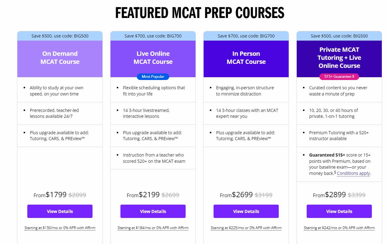 Prices for Kaplan's MCAT
